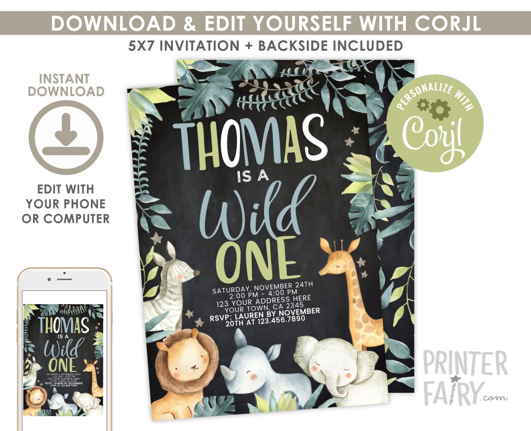 Editable Safari Birthday Invitation, Jungle Animals, Wild One (Digital Download)