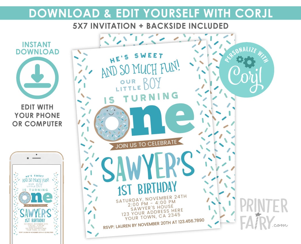 Donut Boy 1st Birthday Invitation, Editable Digital Invite