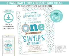 Donut Boy 1st Birthday Invitation, Editable Digital Invite