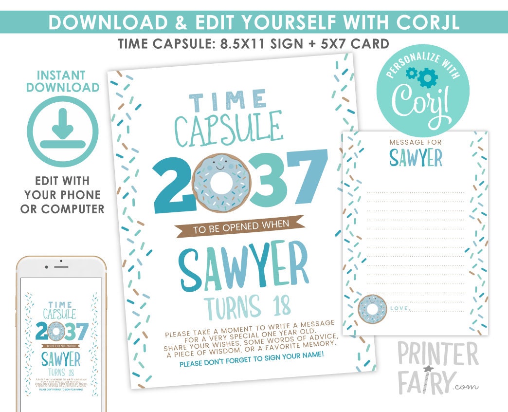 Donut Time Capsule Sign, Birthday Party Decor (EDITABLE)