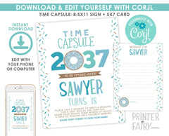 Donut Time Capsule Sign, Birthday Party Decor (EDITABLE)