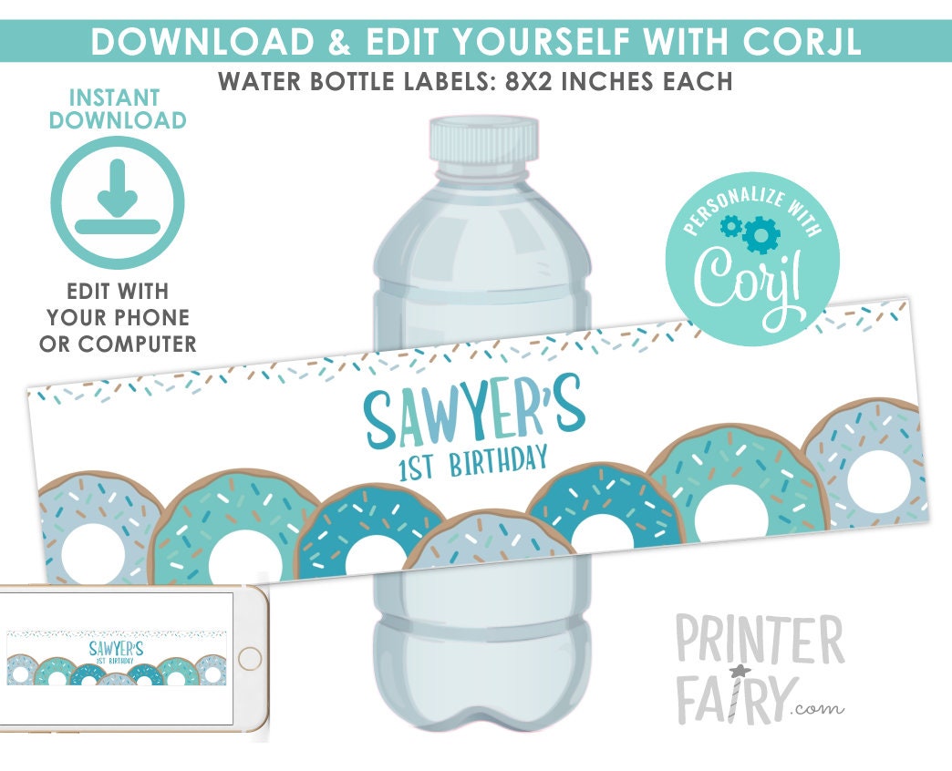 Editable Donut Birthday Water Bottle Labels (Digital Download)