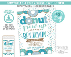 Donut Grow Up First Birthday Invitation, Boy Party (INSTANT DOWNLOAD)