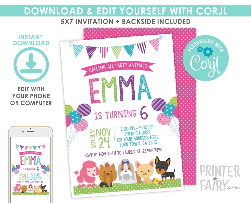 Puppy Birthday Invitation Editable Template, Pet Adoption Party (Instant Download)