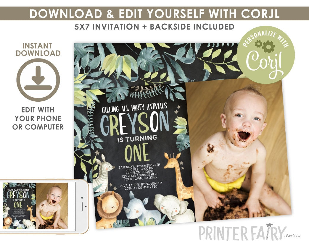 Jungle Safari Birthday Invitation with Photo, EDITABLE (Digital Download)