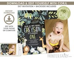 Jungle Safari Birthday Invitation with Photo, EDITABLE (Digital Download)