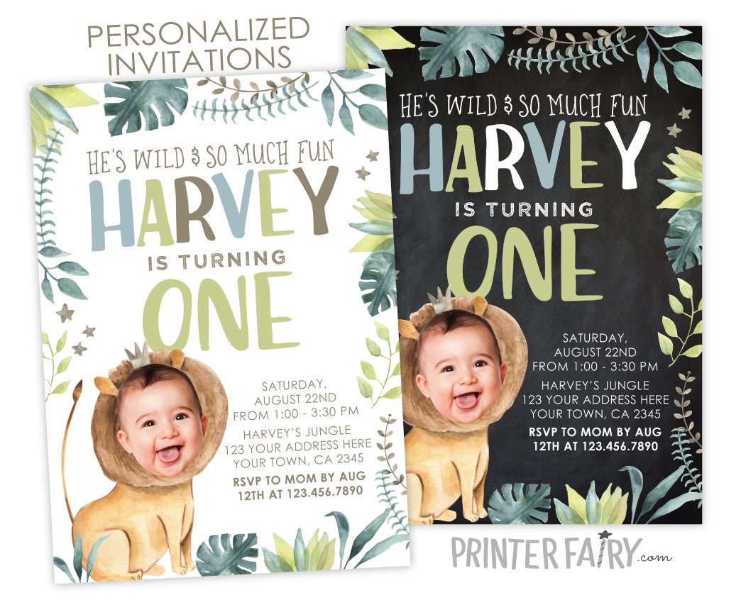 Lion Photo Birthday Invitation, Wild One, Jungle Theme (Digital)
