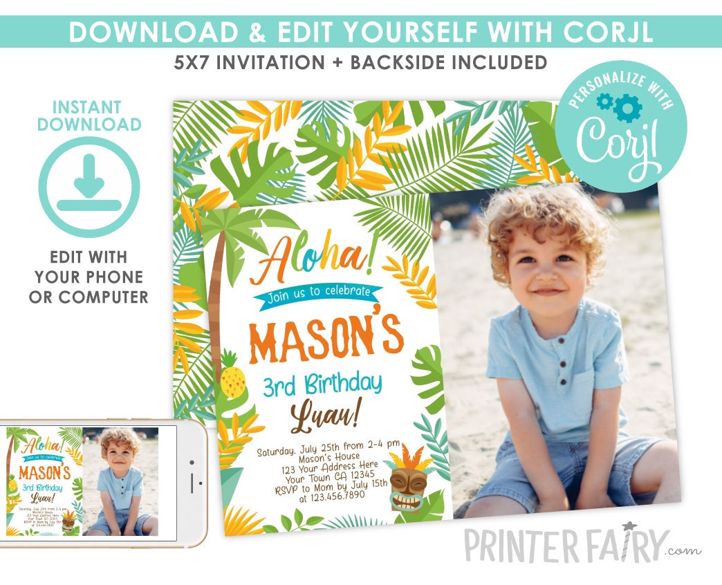 Editable Luau Birthday Invitation, Beach Party Invite (Digital)