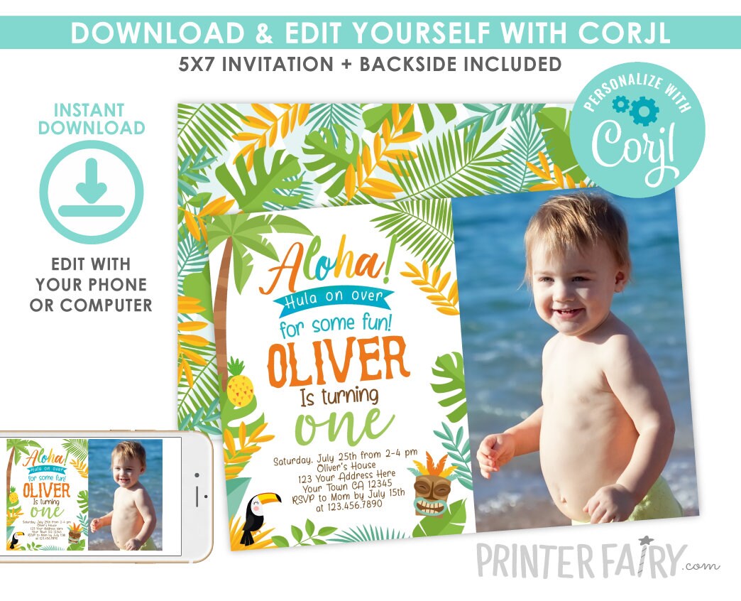 Photo Luau Birthday Invitation, Tropical Party (Editable Digital Invite)
