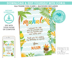 Hawaiian Luau Party Thank You Cards EDITABLE Template, INSTANT DOWNLOAD