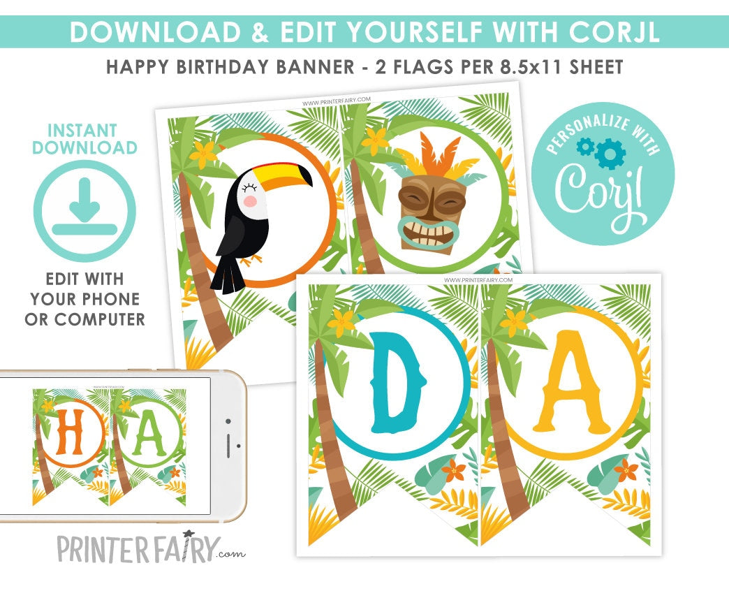 Editable Luau Birthday Banner, Tropical Hawaiian Decorations (Digital Download)
