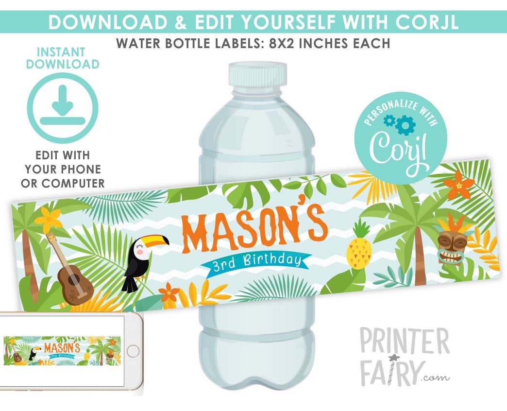Luau Water Bottle Labels, Editable Tropical Party Decor (Instant Download)