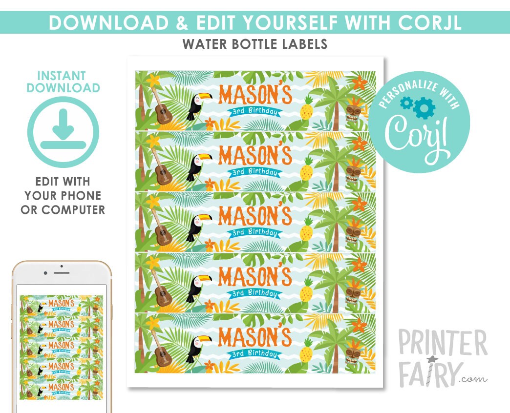 Luau Water Bottle Labels, Editable Tropical Party Decor (Instant Download)