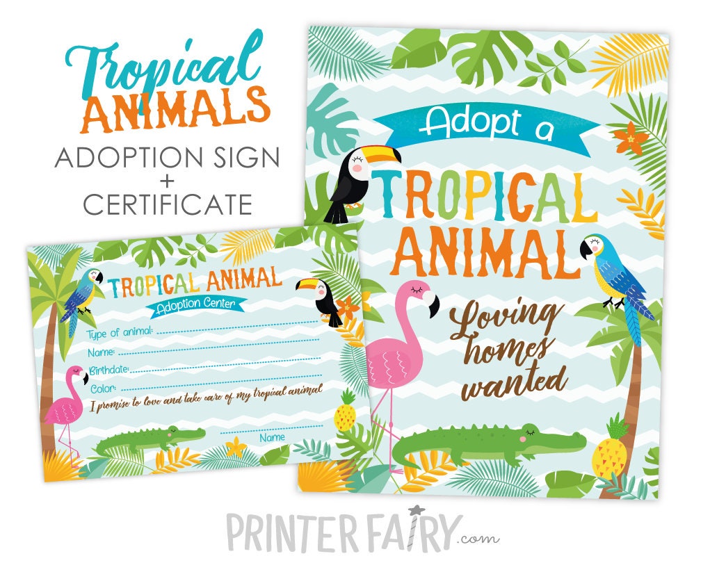 Tropical Animal Adoption Sign & Certificate (Digital Printables)