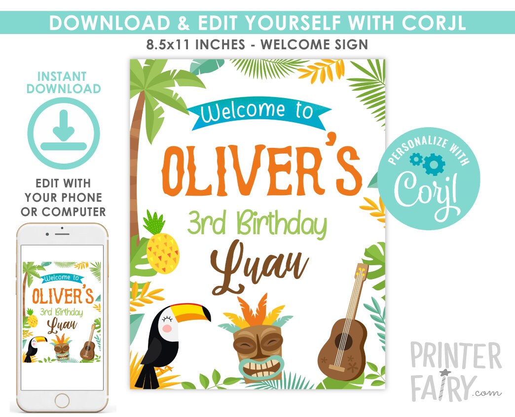 Luau Welcome Sign EDITABLE Template, Hawaiian Party, INSTANT DOWNLOAD