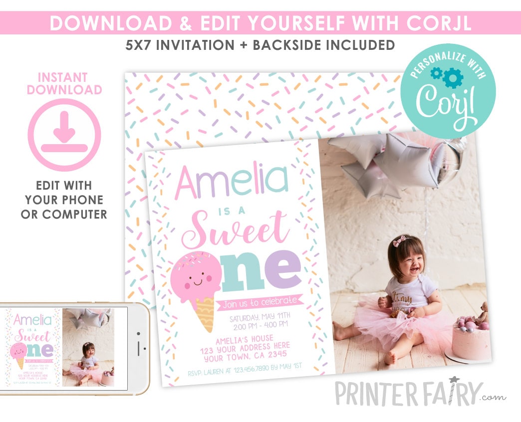 Ice Cream 1st Birthday Invitation with Photo, Editable (Digital)