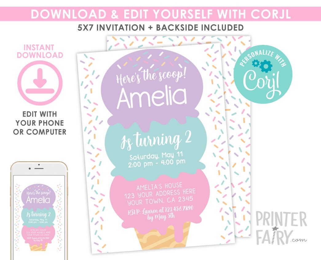 Ice Cream Birthday Party Invitation EDITABLE Template for any age, INSTANT DOWNLOAD