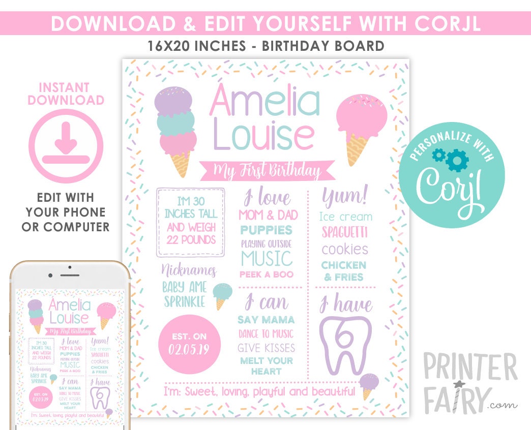 Ice Cream Birthday Board, Editable Digital Sign (Instant Download)