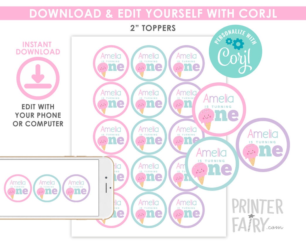 Editable Ice Cream Birthday Toppers, Party Decor (Instant Download)