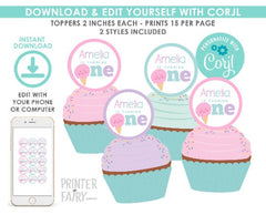 Editable Ice Cream Birthday Toppers, Party Decor (Instant Download)