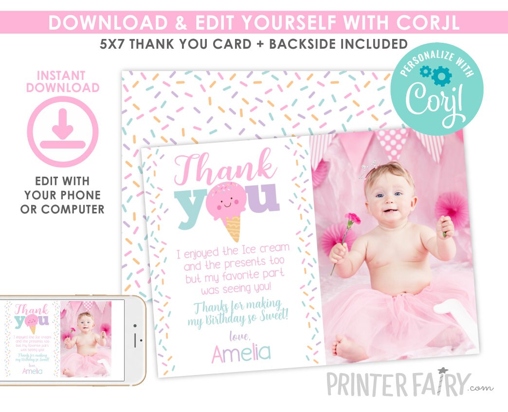 Editable Ice Cream Photo Thank You Cards (Instant Download)