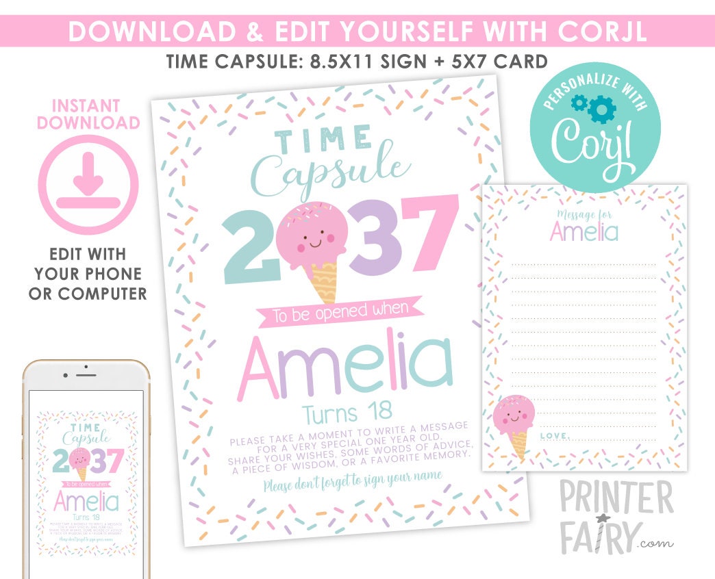 Ice Cream Time Capsule Sign, Birthday Party Decor (EDITABLE, Digital Download)