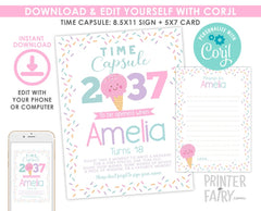 Ice Cream Time Capsule Sign, Birthday Party Decor (EDITABLE, Digital Download)