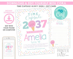 Ice Cream Time Capsule Sign, Birthday Party Decor (EDITABLE, Digital Download)