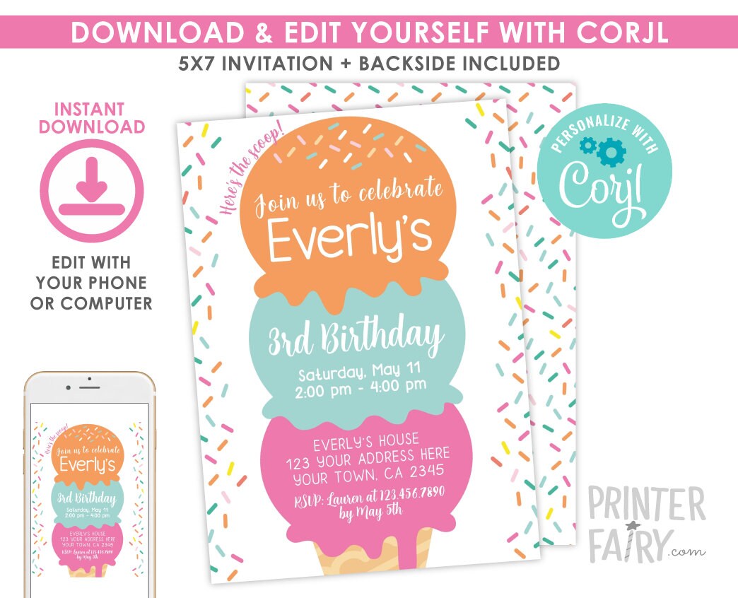 Editable Ice Cream Birthday Invitation, Sprinkles Party (Digital Invite)