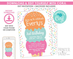 Editable Ice Cream Birthday Invitation, Sprinkles Party (Digital Invite)