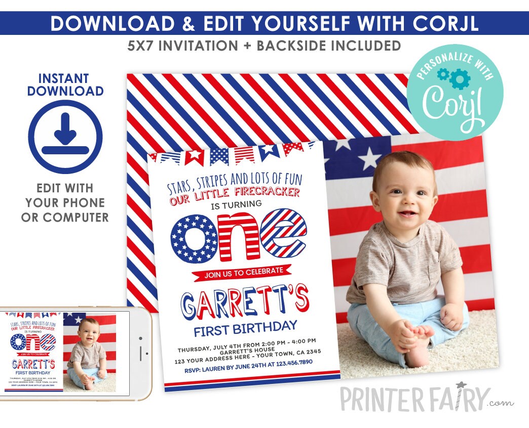 Editable 4th of July First Birthday Invitation (Digital)