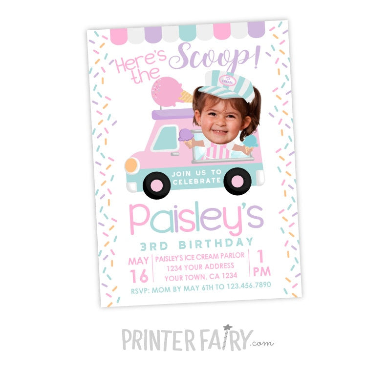 Ice Cream Truck Personalized Invitation with Photo for Any Age, Digital or Printable Design