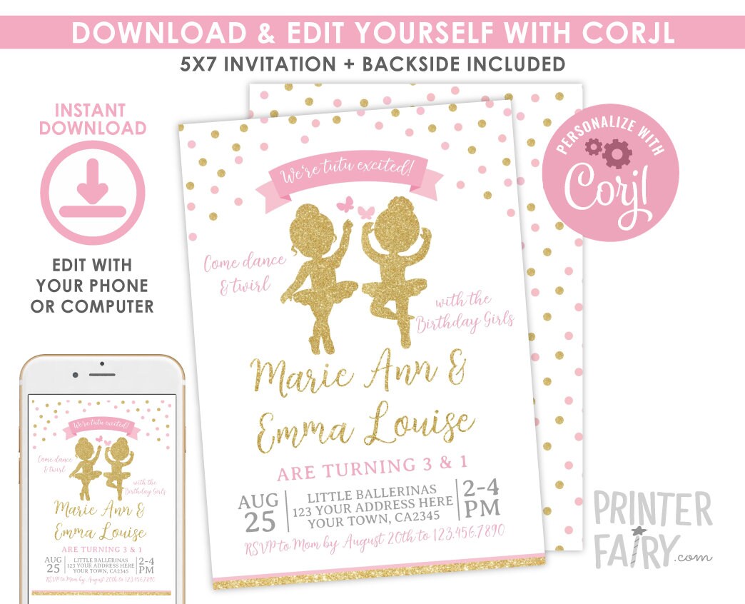 Ballerina Birthday Invitation, Joint Party, Pink & Gold (Digital Download)