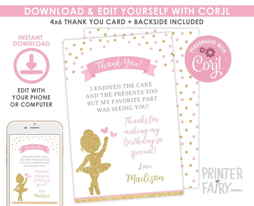 Ballerina Birthday Party Editable Thank You Cards Template, Instant Download