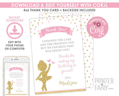 Ballerina Birthday Party Editable Thank You Cards Template, Instant Download