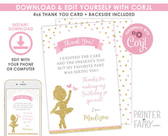 Ballerina Birthday Party Editable Thank You Cards Template, Instant Download