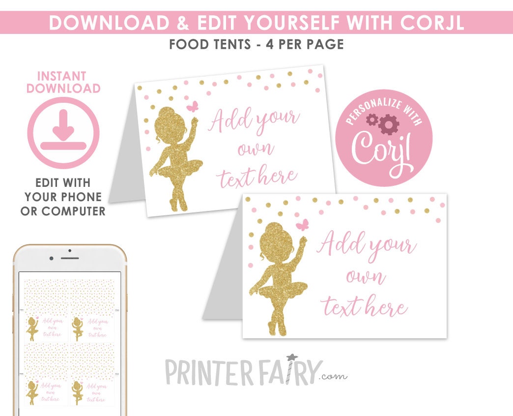 Ballerina Birthday Party Food Tents Editable Template, Instant Download