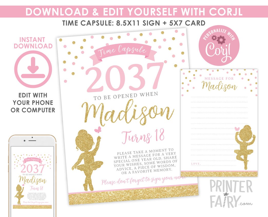 Ballerina First Birthday Time Capsule Sign, Editable (Digital Download)