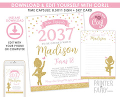 Ballerina First Birthday Time Capsule Sign, Editable (Digital Download)