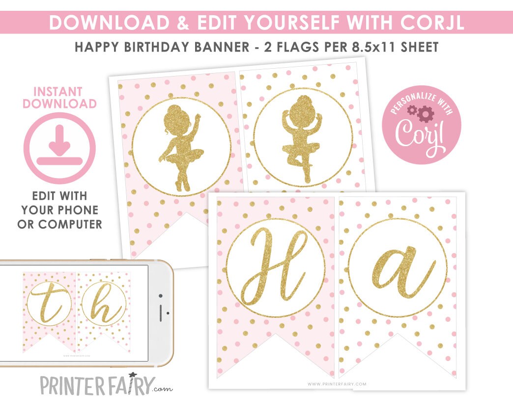 Editable Ballerina Birthday Banner, Ballet Party Decorations (Instant Download)