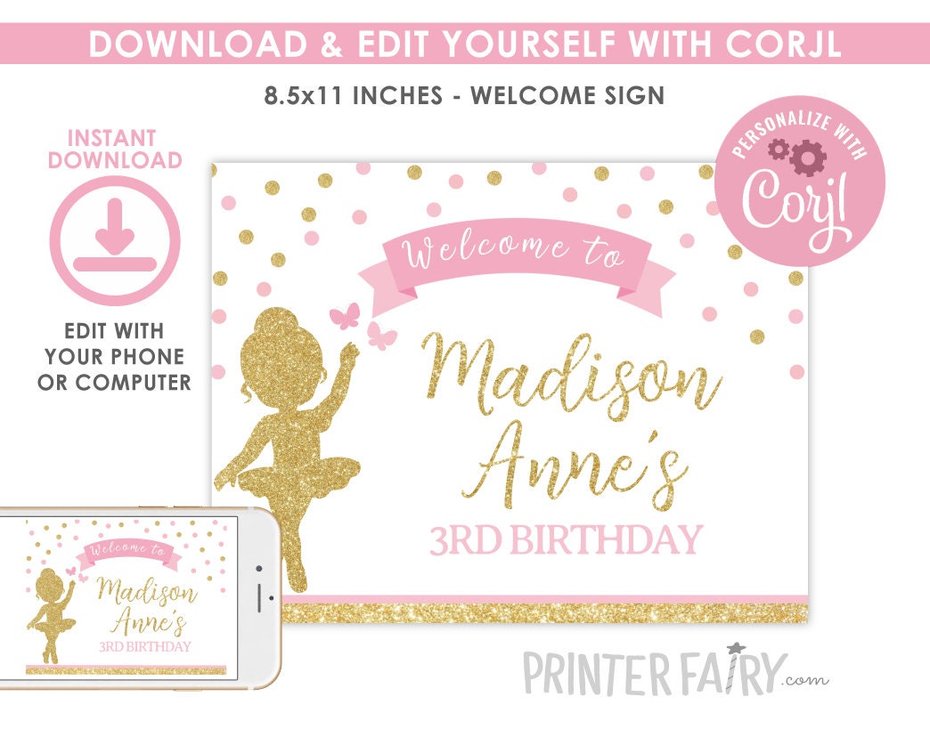 Ballerina Birthday Party Welcome Sign Editable Template, Instant Download