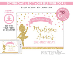 Ballerina Birthday Party Welcome Sign Editable Template, Instant Download