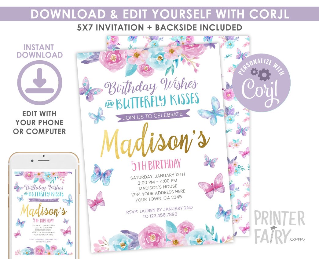 Butterfly Birthday Invitation Editable Template, Spring Garden Party INSTANT DOWNLOAD