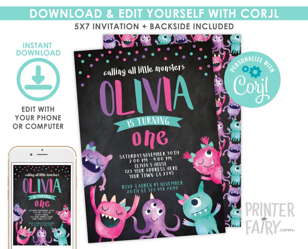 Little Monster Birthday Invitation, EDITABLE Digital Invite (Instant Download)