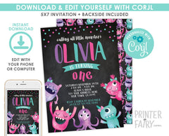 Little Monster Birthday Invitation, EDITABLE Digital Invite (Instant Download)
