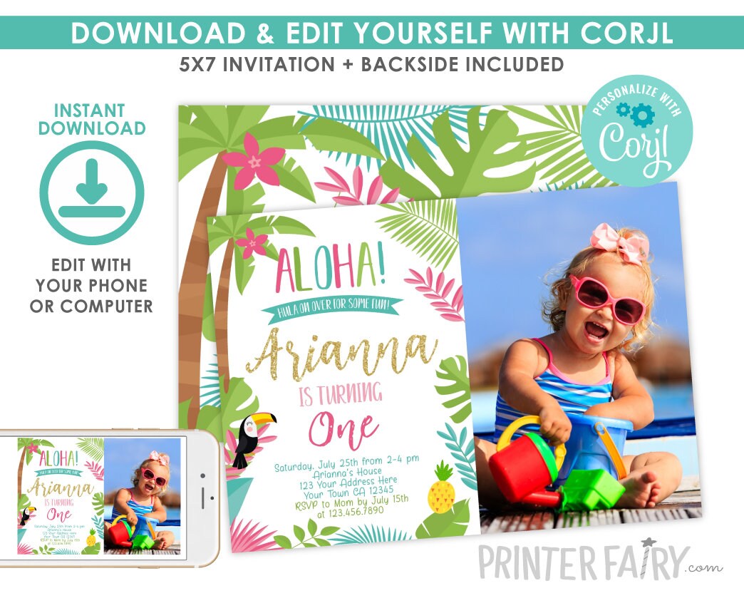 Editable Luau Birthday Photo Invitation, Tropical Party (Digital Invite)