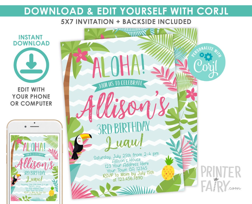 Editable Luau Birthday Invitation, Tropical Beach Party (Instant Download)