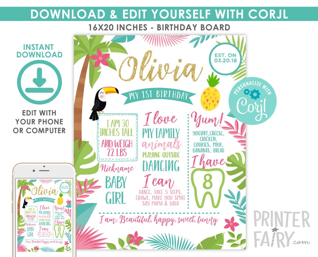 Editable Luau Birthday Board, Hawaiian Party Decorations (Digital Download)