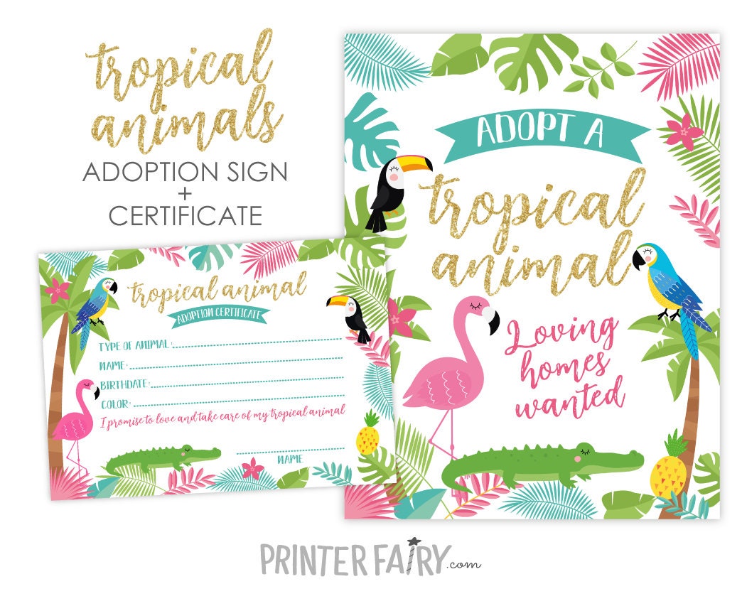 Tropical Animal Adoption Sign and Certificate (Digital Printables)