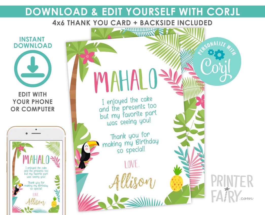 Luau Thank You Cards, Editable Hawaiian Birthday (Instant Download)